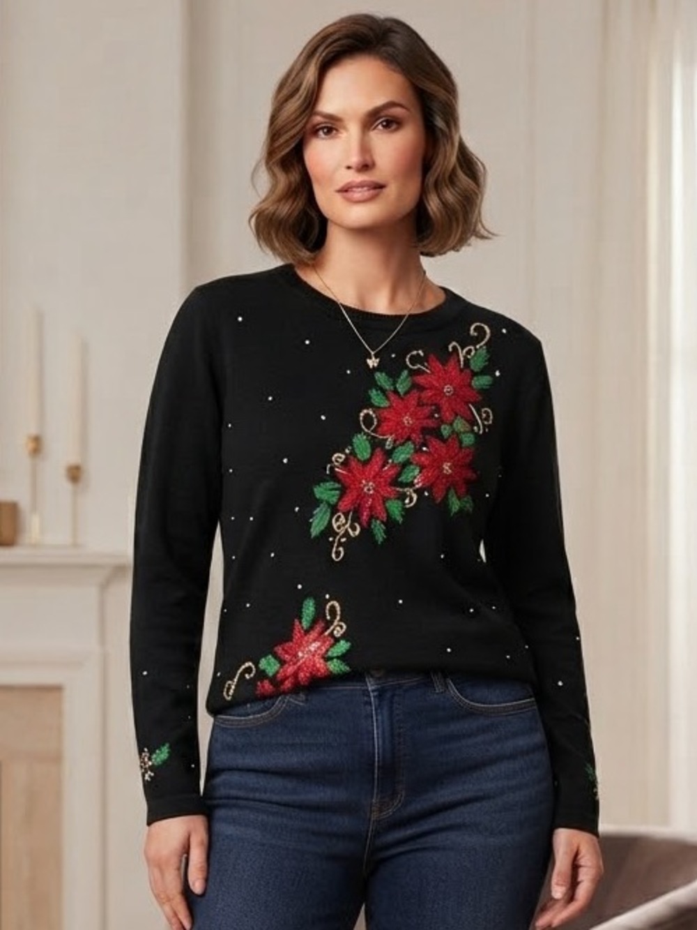 Vintage Victoria Jones Christmas Sweater Embroidered Poinsettia Bead Black